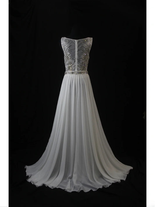 Vintage A Line Scoop Silver Gray Lace Tops Chiffon 80s With Beaded Bodice Long Prom Dresses Inspo Birthday Outfit Formal Dress For Women AS462