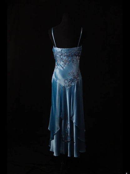 Vintage A Line Spaghetti Straps Blue Satin 70s With Beads Prom Max Dresses Inspo 18th Birthday Outfit Formal Dress For Women AS463