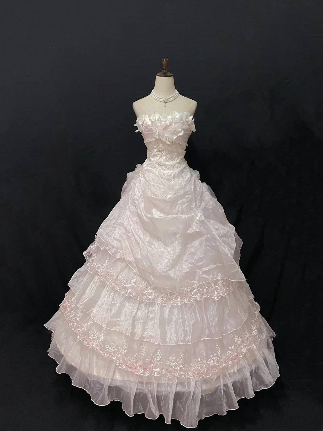 Princesses Ball Gown Strapless Pink Organza Long With Tiered Layers Flowers Quince Dress inspo Quinceanera Dresses Formal 16th Birthday Outfit RB7919