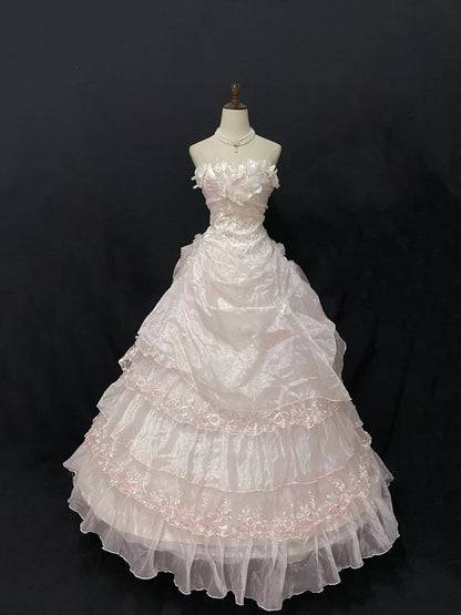 Princesses Ball Gown Strapless Pink Organza Long With Tiered Layers Flowers Quince Dress inspo Quinceanera Dresses Formal 16th Birthday Outfit RB7919
