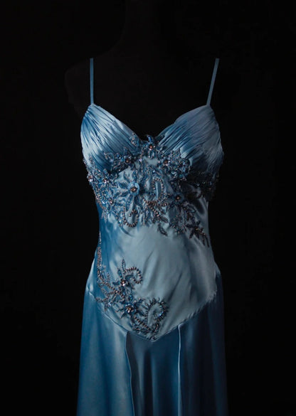 Vintage A Line Spaghetti Straps Blue Satin 70s With Beads Prom Max Dresses Inspo 18th Birthday Outfit Formal Dress For Women AS463