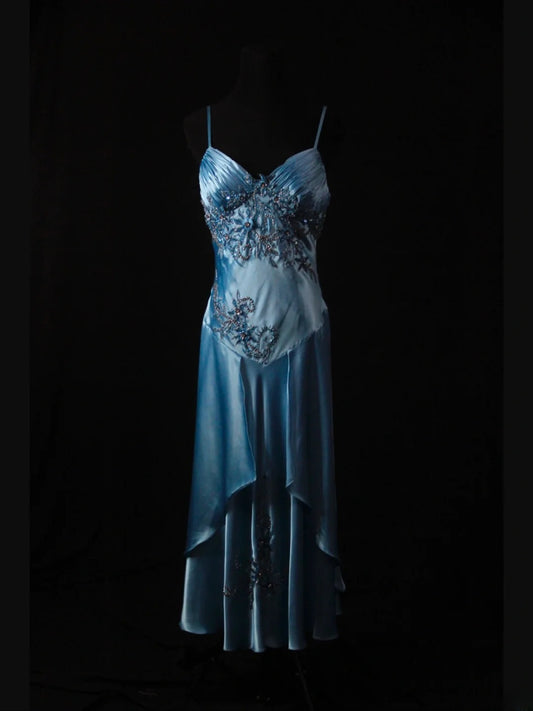 Vintage A Line Spaghetti Straps Blue Satin 70s With Beads Prom Max Dresses Inspo 18th Birthday Outfit Formal Dress For Women AS463