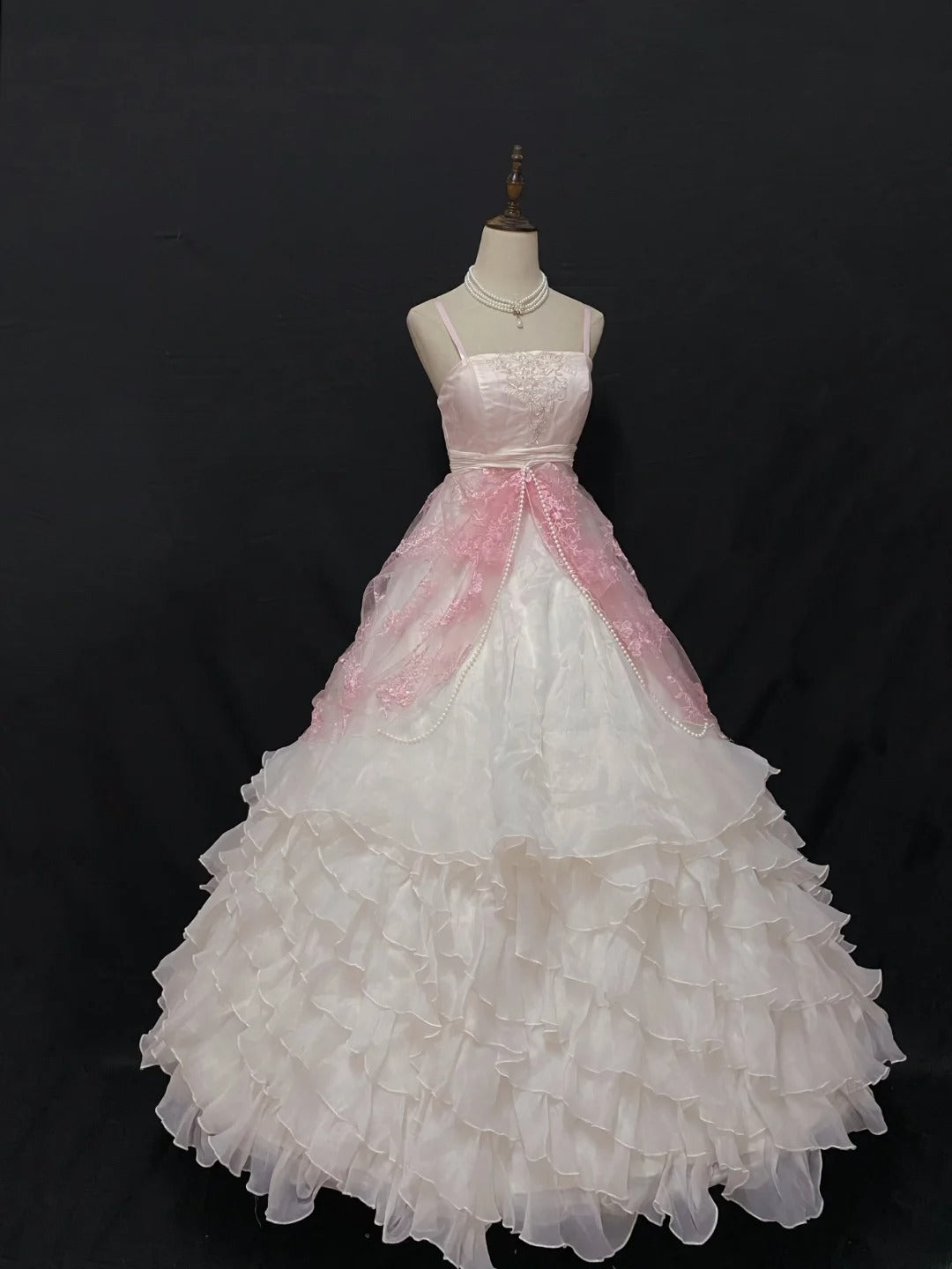 Aesthetic Ball Gown Spaghetti Straps Pink Chiffon Long With Tiered Layers Lace Long Quince Dress Quinceanera Dresses Formal 16th Birthday Outfits RB7921