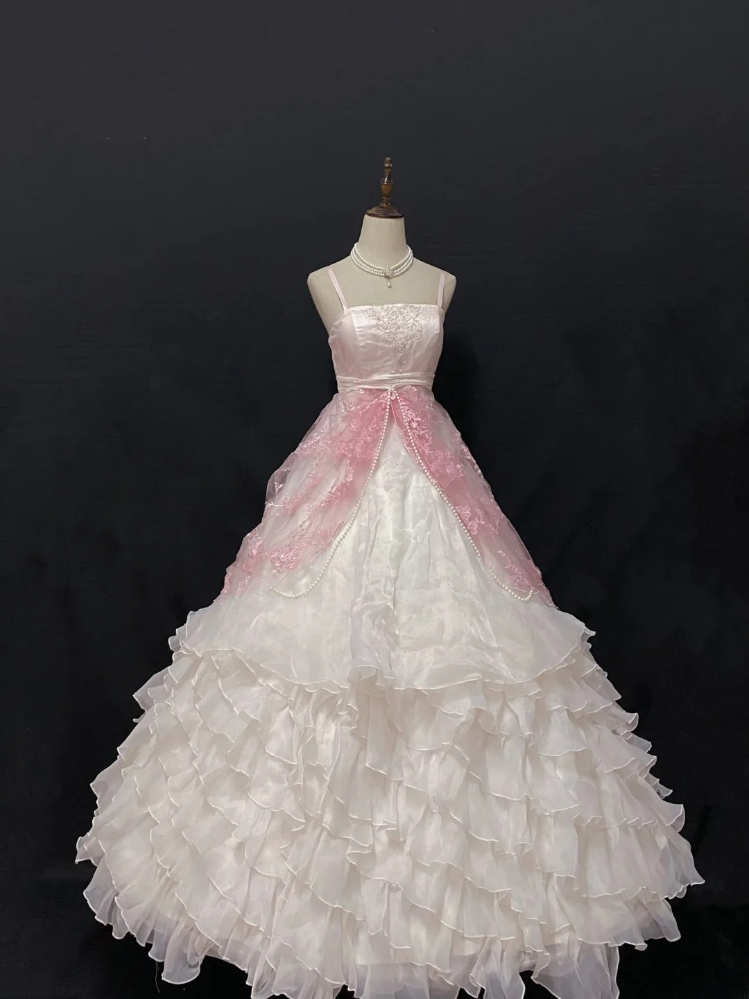 Aesthetic Ball Gown Spaghetti Straps Pink Chiffon Long With Tiered Layers Lace Long Quince Dress Quinceanera Dresses Formal 16th Birthday Outfits RB7921