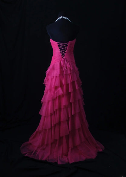 Vintage A Line Sweetheart Hot Pink Tulle 1950s With Ruffled Layered Bodice Long Prom Dresses Inspo 18th Birthday Outfit Formal Gown AS465