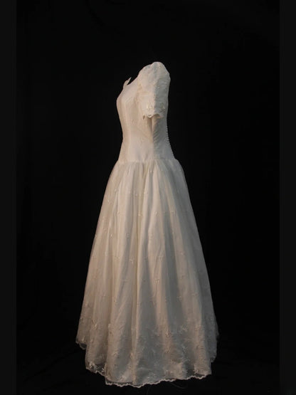 Retro 1950s Wedding Dresses for Bride Ball Gown Boat With Short Sleeves Tulle Petite/Plus Size Bridal Gowns for Summer Wedding AS466