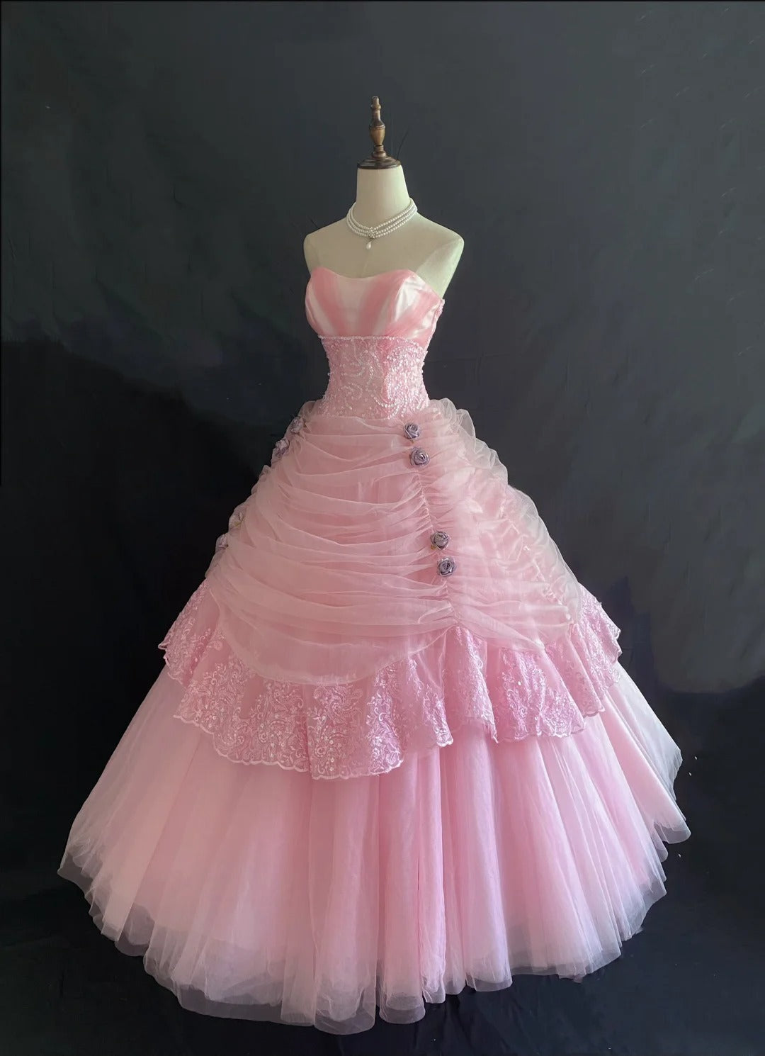 Princesses Ball Gown Sweetheart Pink Tulle Long With Tiered Layers Lace Quince Dress inspo Quinceanera Dresses Formal 16th Birthday Outfit RB7922