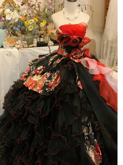 Sweet 16 Dress Ball Gown Strapless Black Red With Flowers Vestido De 15 Sweet Sixteen Dress RB9570