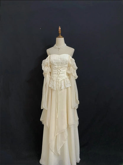Vintage 90s A Line Square Neck Chiffon With Long Sleeves Prom Dresses Formal Outfit Evening Night Dress RB7923