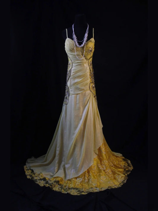 Vintage Mermaid Spaghetti Straps Yellow Lace 70s With Beads Prom Max Dresses Inspo 18th Birthday Outfit Formal Dress For Women AS467