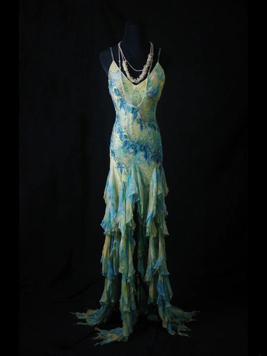 Vintage Mermaid Spaghetti Straps Floral Blue Chiffon 70s With Beads Prom Max Dresses Inspo 18th Birthday Outfit Formal Dress For Women AS468