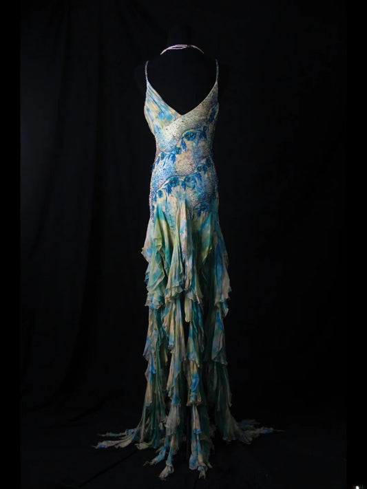 Vintage Mermaid Spaghetti Straps Floral Blue Chiffon 70s With Beads Prom Max Dresses Inspo 18th Birthday Outfit Formal Dress For Women AS468
