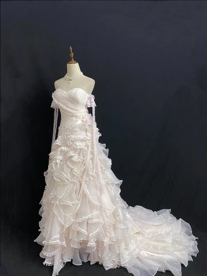 Vintage 90s Mermaid Sweetheart Chiffon With Tiered Layers Pink Lace Prom Dresses Formal Outfit Evening Night Dress RB7925