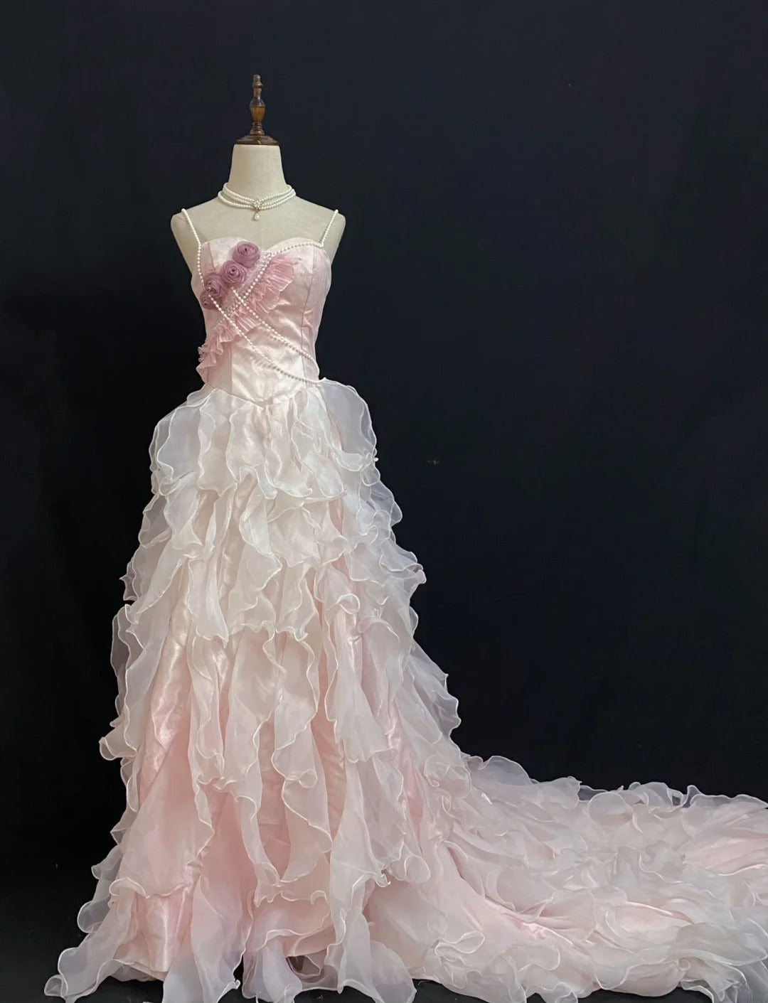 Vintage 90s A Line Spaghetti Straps Chiffon With Tiered Layers Pink Flowers Long Prom Dresses Formal Outfit Evening Night Dress RB7927
