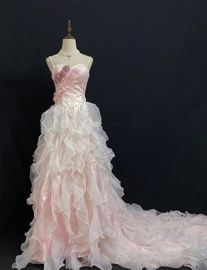 Vintage 90s A Line Spaghetti Straps Chiffon With Tiered Layers Pink Flowers Long Prom Dresses Formal Outfit Evening Night Dress RB7927