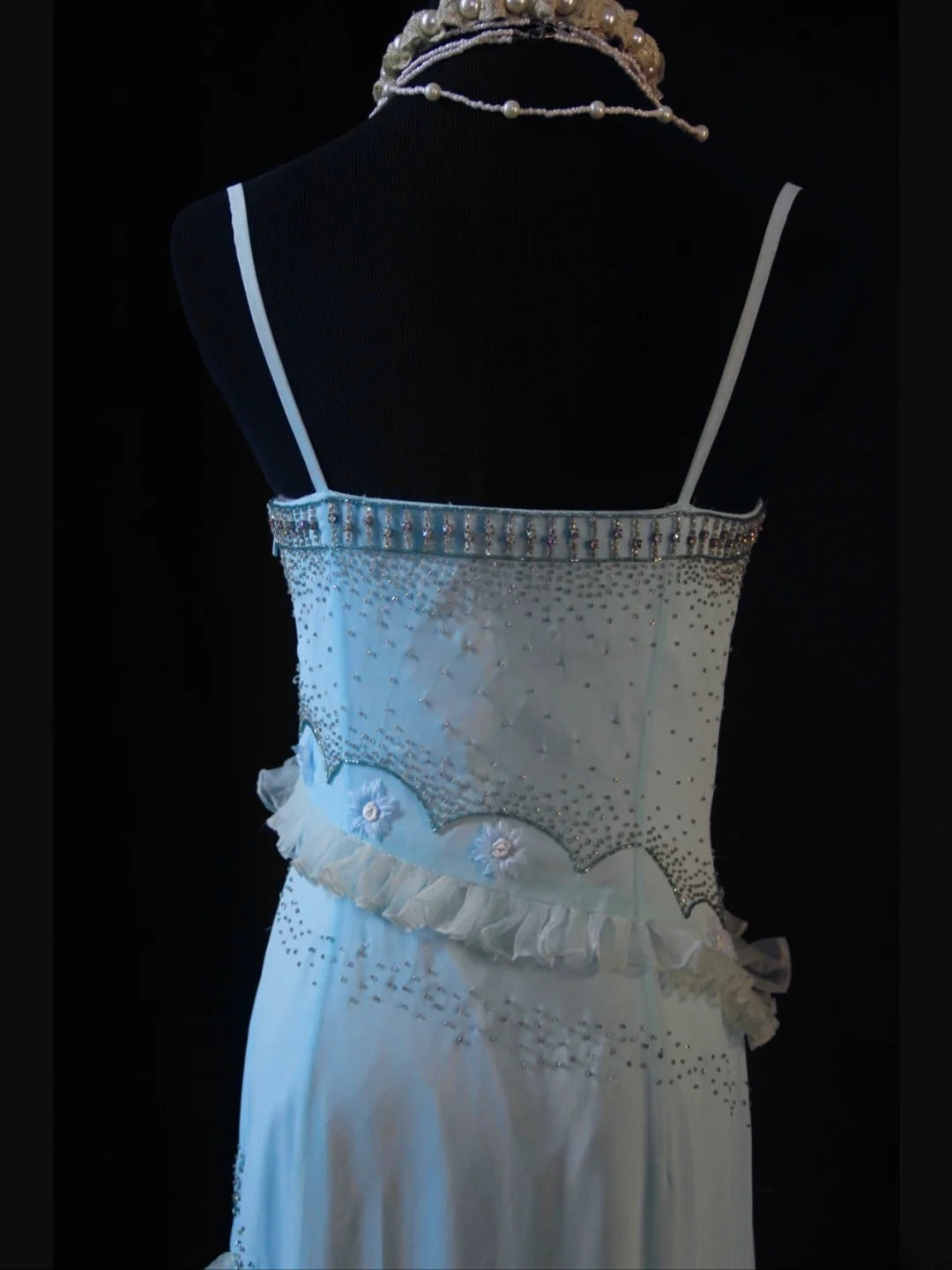 Vintage A line Spaghetti Straps Light Blue Chiffon 70s With Beads Prom Max Dresses Inspo 19th Birthday Outfit Formal Dress For Women AS470