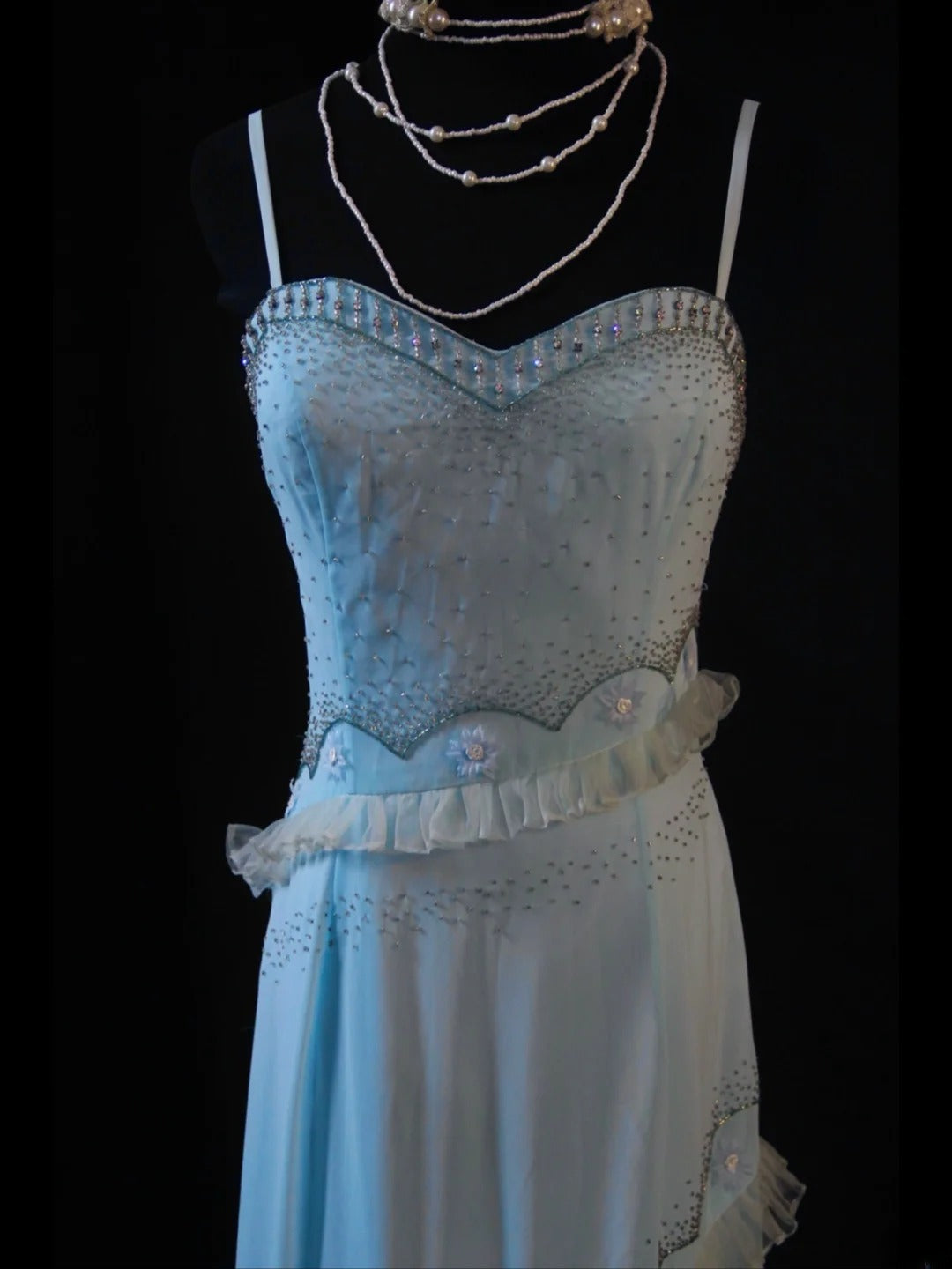 Vintage A line Spaghetti Straps Light Blue Chiffon 70s With Beads Prom Max Dresses Inspo 19th Birthday Outfit Formal Dress For Women AS470