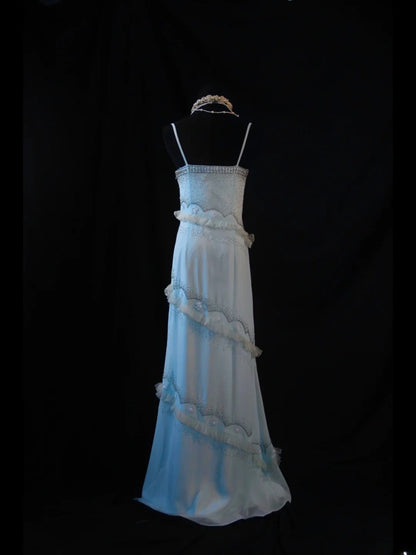 Vintage A line Spaghetti Straps Light Blue Chiffon 70s With Beads Prom Max Dresses Inspo 19th Birthday Outfit Formal Dress For Women AS470