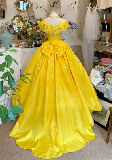 Sweet 16 Dress Ball Gown Yellow Floral Satin With Appliques Vestido De 15 Sweet Sixteen Dress RB9574