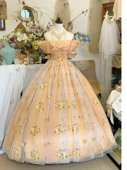 Sweet 16 Dress Ball Gown Yellow Floral Tulle Off Shoulder Vestido De 15 Sweet Sixteen Dress RB9575