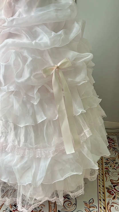 Sweet 16 Dresses Strapless Pink White Tiered Ball Gown With Bows Lace Embroidery Floor‑Length Quinceanera Dress RC0787
