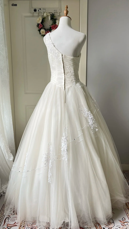 White Wedding Dress Ball Gown One Shoulder Sleeveless With Lace Tulle Long Bridal Gown RC0788