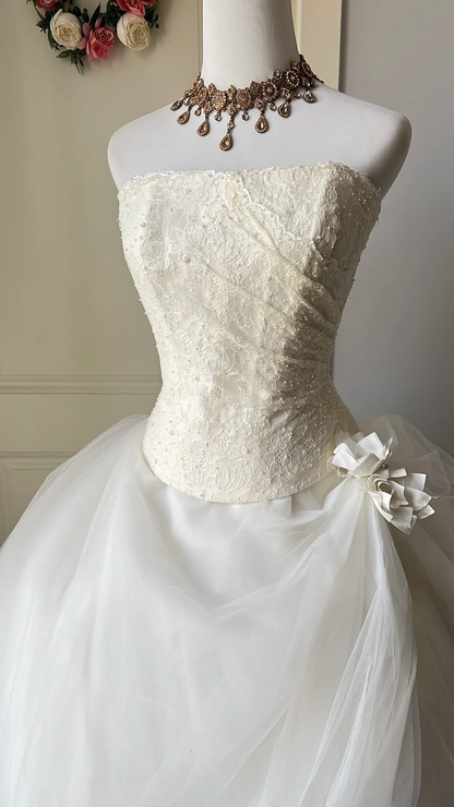 White Wedding Dress Ball Gown Strapless Sleeveless With Lace Tulle Long Bridal Gown RC0789