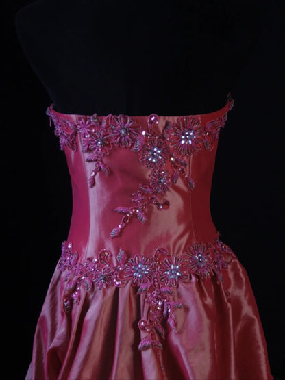Retro 80s Ball Gown Strapless Pink Satin With Beadings Long Prom Dresses Inspo 22th Birthday Outfit Formal Dress AS476