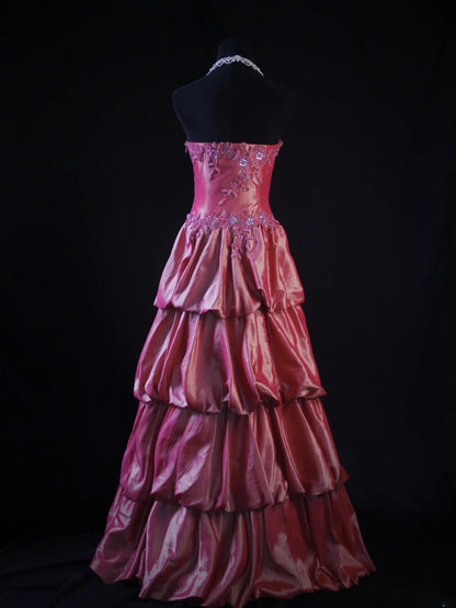 Retro 80s Ball Gown Strapless Pink Satin With Beadings Long Prom Dresses Inspo 22th Birthday Outfit Formal Dress AS476