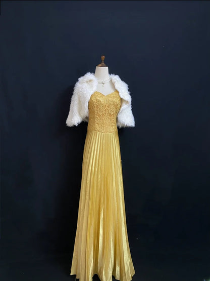 Vintage 90s A Line Spaghetti Straps Satin With Gold Beading Long Prom Dresses Formal Outfit Evening Night Dress RB7934