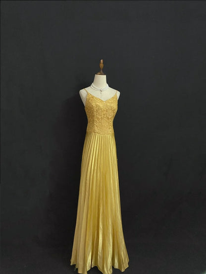 Vintage 90s A Line Spaghetti Straps Satin With Gold Beading Long Prom Dresses Formal Outfit Evening Night Dress RB7934