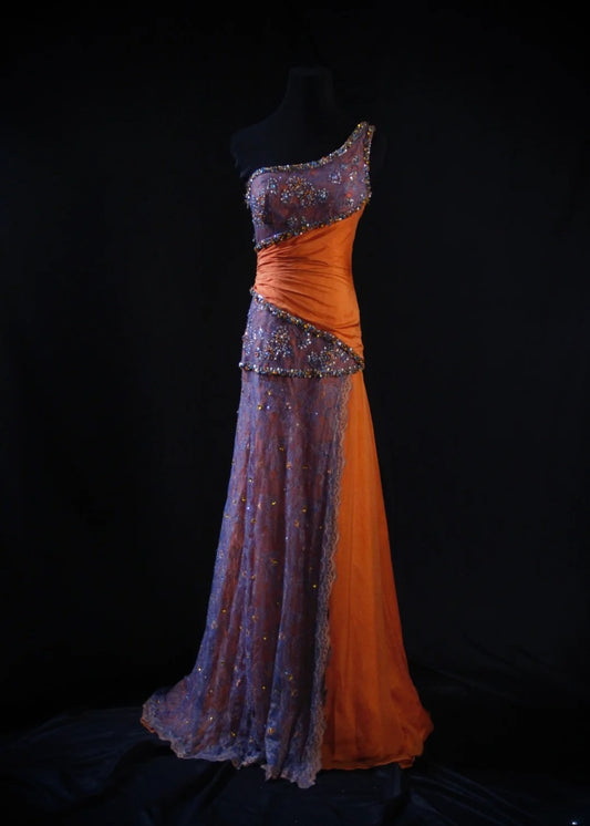 Vintage Mermaid One Shoulder Lace Orange Chiffon 80s With Beaded Bodice Long Prom Dresses Inspo Birthday Outfit Formal Dress For Women AS477