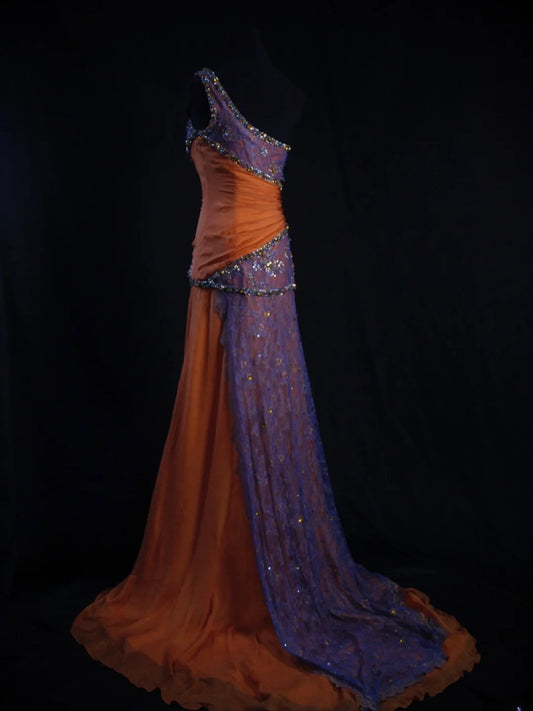 Vintage Mermaid One Shoulder Lace Orange Chiffon 80s With Beaded Bodice Long Prom Dresses Inspo Birthday Outfit Formal Dress For Women AS477