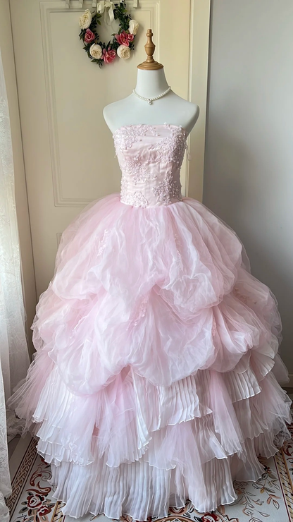 Fairytale Sweet 16 Princess Gown Strapless Lace Pink Tiered Ruffled Skirt With Appliques Floor‑Length RC0793