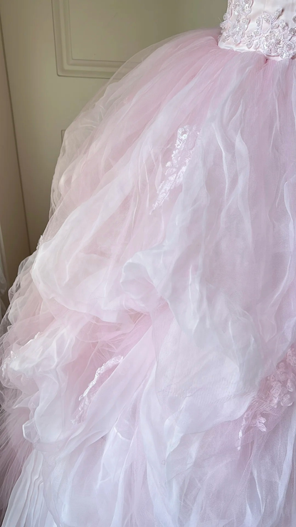 Fairytale Sweet 16 Princess Gown Strapless Lace Pink Tiered Ruffled Skirt With Appliques Floor‑Length RC0793