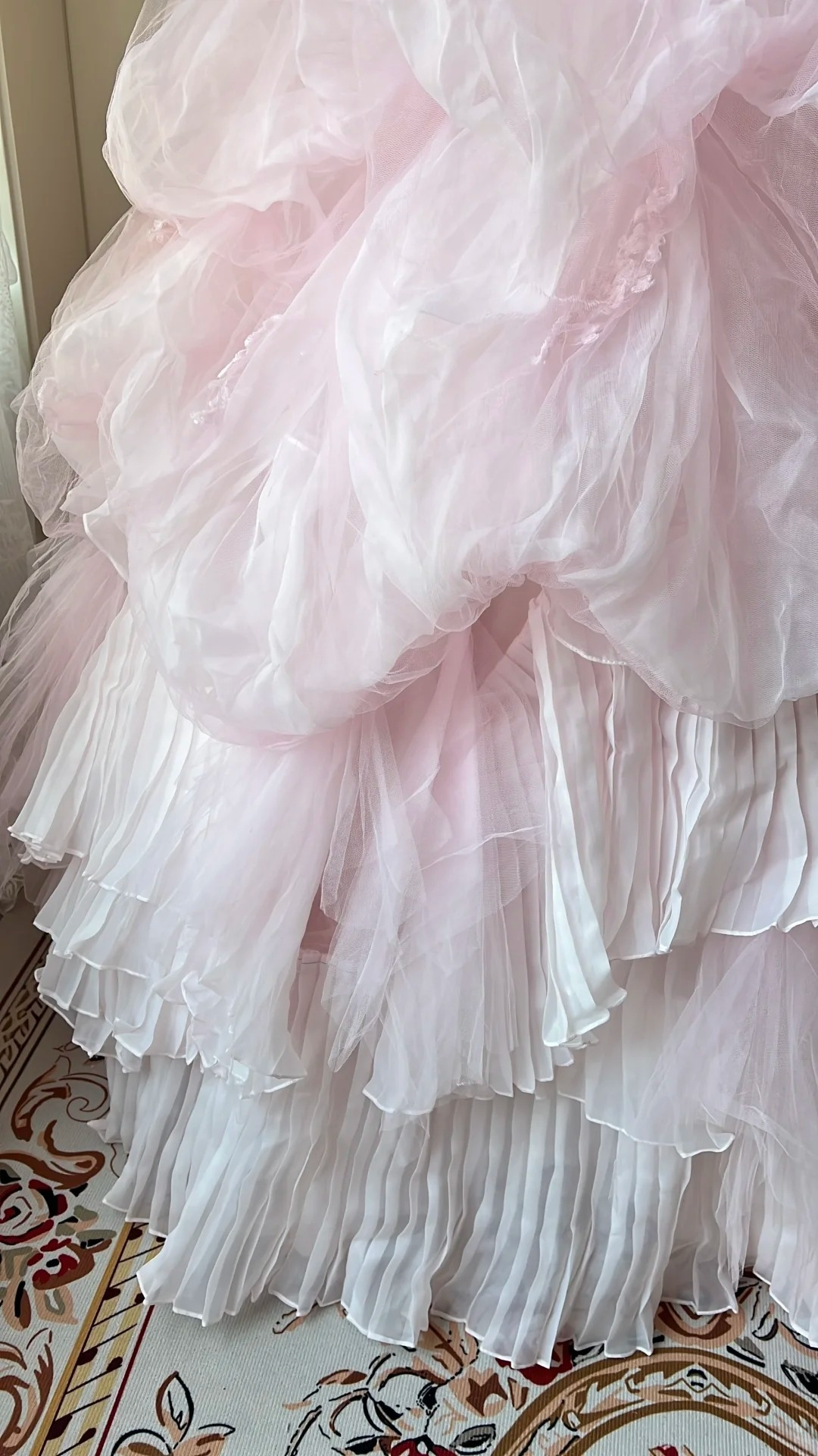 Fairytale Sweet 16 Princess Gown Strapless Lace Pink Tiered Ruffled Skirt With Appliques Floor‑Length RC0793
