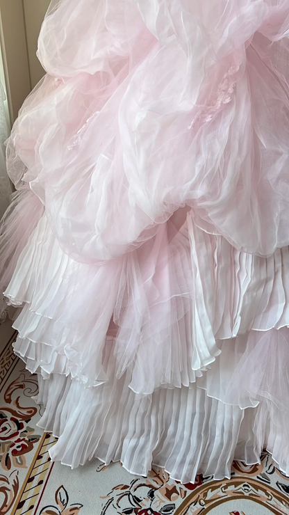 Fairytale Sweet 16 Princess Gown Strapless Lace Pink Tiered Ruffled Skirt With Appliques Floor‑Length RC0793