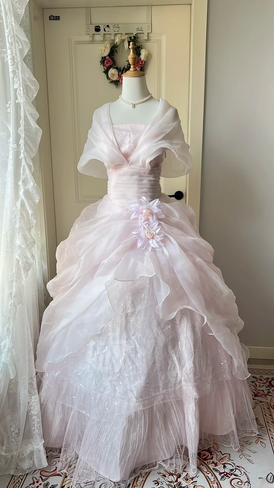 Fairytale Sweet 16 Princess Gown Strapless Sequin Pink Tiered Ruffled Skirt With Cape Floor‑Length RC0794
