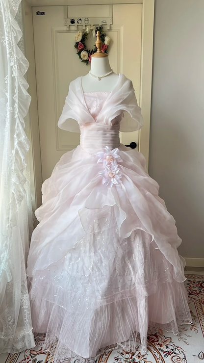 Fairytale Sweet 16 Princess Gown Strapless Sequin Pink Tiered Ruffled Skirt With Cape Floor‑Length RC0794