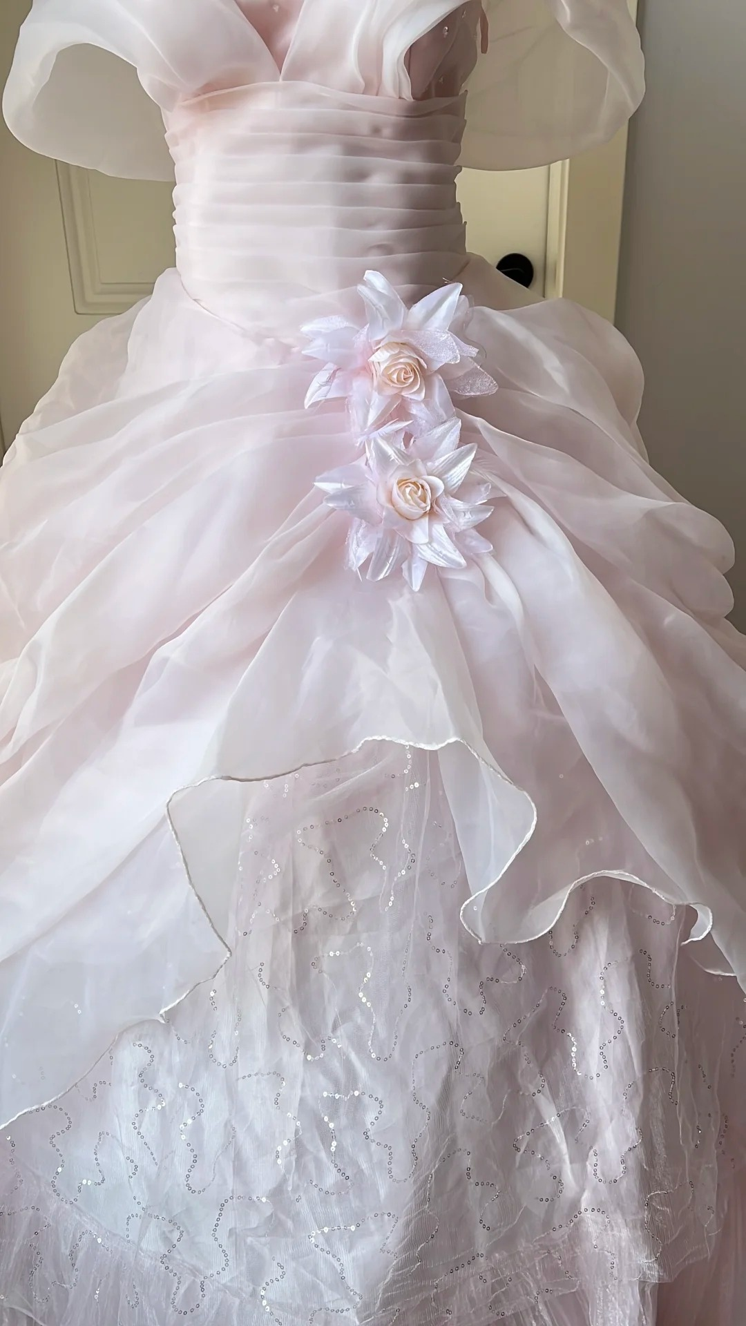Fairytale Sweet 16 Princess Gown Strapless Sequin Pink Tiered Ruffled Skirt With Cape Floor‑Length RC0794