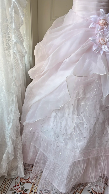 Fairytale Sweet 16 Princess Gown Strapless Sequin Pink Tiered Ruffled Skirt With Cape Floor‑Length RC0794
