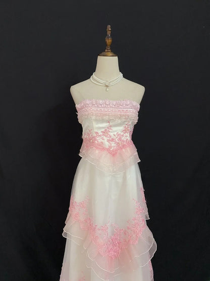 Vintage 90s A Line Strapless Pink Lace With Appliqued Long Prom Dresses Formal Outfit Evening Night Dress RB7938