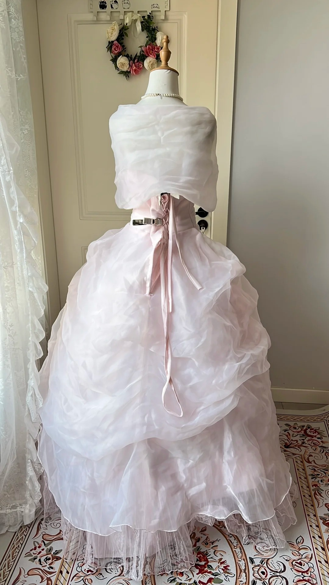 Fairytale Sweet 16 Princess Gown Strapless Sequin Pink Tiered Ruffled Skirt With Cape Floor‑Length RC0794
