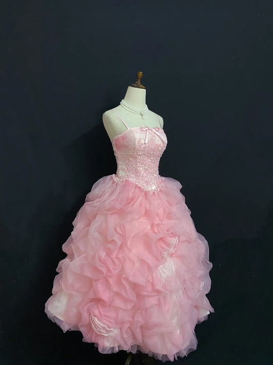 Cute Homecoming Dresses Ball Gown Tea Length Spaghetti Straps Pink Birthday Cocktail Dress Ideas Outfits RB7939