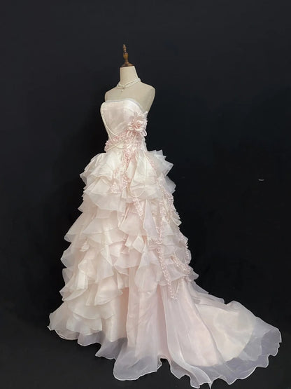 Aesthetic Ball Gown Strapless Light Pink Long With Appliques Tiered Layers Long Quince Dress Quinceanera Dresses Formal Birthday Outfits RB7940