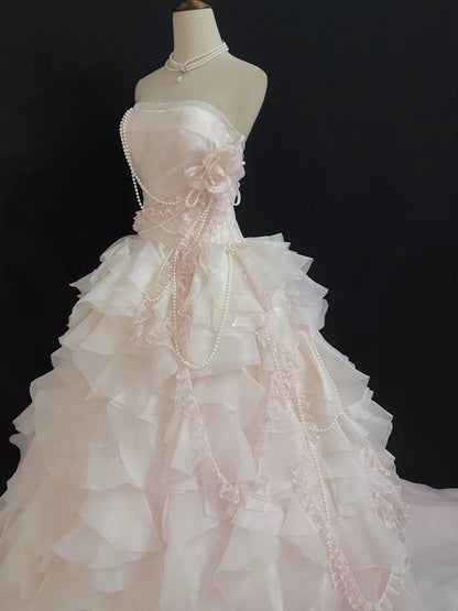 Aesthetic Ball Gown Strapless Light Pink Long With Appliques Tiered Layers Long Quince Dress Quinceanera Dresses Formal Birthday Outfits RB7940