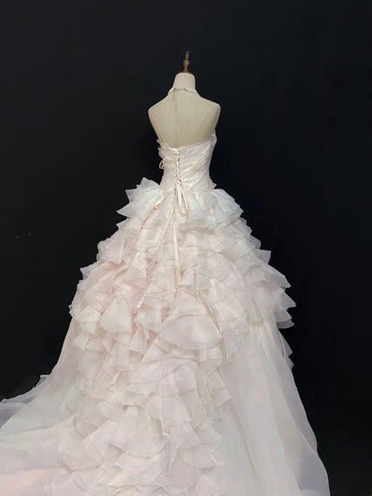 Aesthetic Ball Gown Strapless Light Pink Long With Appliques Tiered Layers Long Quince Dress Quinceanera Dresses Formal Birthday Outfits RB7940
