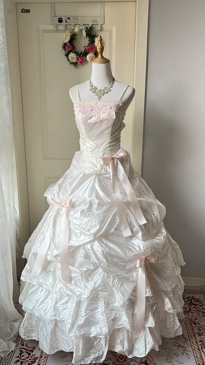 Pink Sweet 16 Quinceanera Dress Spaghetti Straps Lace Embroidery Tiered Ruffle Taffeta Ball Gown With Bows RC0795