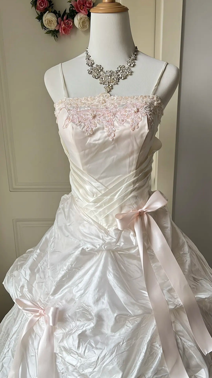 Pink Sweet 16 Quinceanera Dress Spaghetti Straps Lace Embroidery Tiered Ruffle Taffeta Ball Gown With Bows RC0795