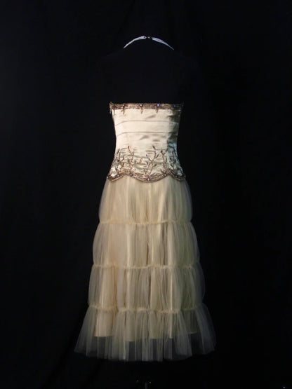 Vintage A Line Strapless Tulle With Beadings 18th Birthday Dress Homecoming Dresses Cocktail Gown AS484